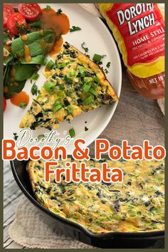 bacon and potato frittata on a white plate