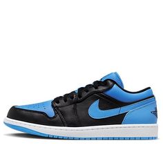 Air Jordan 1 Low 'Black University Blue' 553558-041 Classic Blue Sneakers With Contrast Sole, Classic Blue Basketball Shoes With Round Toe, Classic Blue Basketball Shoes, Classic Blue Basketball Shoes For Sports, Blue Leather Basketball Shoes For Streetwear, Classic Blue Sports Sneakers, Classic Black Low-top Jordan Shoes, Classic Black Jordan Shoes With Rubber Sole, Blue Low-top Leather Jordan Shoes