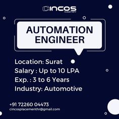 an advertisement with the words automation engineer in black and white, on a dark blue background