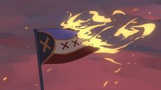 an animated flag with flames coming out of it's sides and on the ground