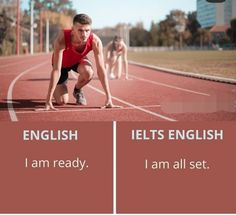 two men on a race track with the words english and ielts english i am ready, i am all set