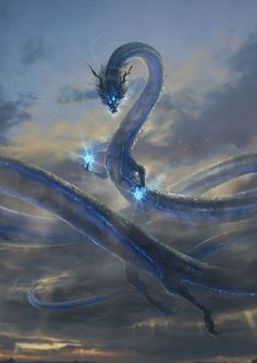 a blue dragon is flying through the air with its tail curled up and eyes open