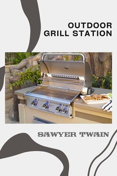 an outdoor grill station is shown with the words sawyer twin above it and below it