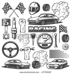 racing related items and symbols in black and white