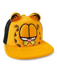 a yellow hat with a cartoon tiger face on the front and black band around the brim