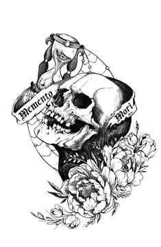 a drawing of a skull with flowers and a ribbon around it's neck that says,