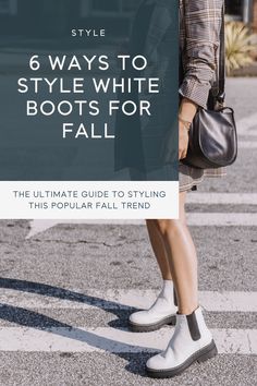 Check out these 6 ways to style white boots for fall according to a fashion blogger. White boots with mom jeans, denim skirts, graphic tees and even floral dresses for fall. White Boots Skirt Outfit, How To Style White Chunky Boots, White Boots Outfit Night Out, Jeans And White Boots Outfit, White Moto Boots Outfit, Styling White Boots Fall, White Boots With Jeans Outfit, White Lug Boots Outfit Winter, Styling White Ankle Boots