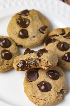 several chocolate chip cookies on a white plate