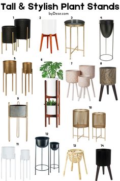 different types of tables and chairs with text overlay that says tall & stylish plant stands