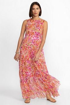 Vibrant and bold, the Loran Tiered Maxi Dress is embellished with an eye-catching intricate floral pattern. Crafted from 100% silk, this dress features a high rounded neckline and fitted bodice and is finished with a multi-tiered maxi-length skirt. Pair with white strappy sandals and a bright clutch for a polished evening look. Women's Loran Tiered Maxi Dress by Johnny Was in Fabiola, Size 2XL, 100% Silk, Floral Boho Womens Clothing, White Strappy Sandals, Boho Chic Outfits, Dresses Boho, Maxi Dress Online, Creative Stuff, Women's Outfits, Women's Blouses, Evening Look