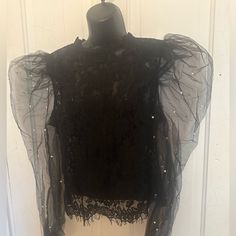 Beautiful Black Blouse Xl, Sheer Puffy Sleeves New Black Sheer Blouse With Puff Sleeves, Black Top With Sheer Puff Sleeves, Black Puff Sleeve Top For Party, Chic Black Blouse With Lace Top, Fall Black Blouse With Sheer Sleeves, Black Blouse With Sheer Sleeves For Fall, Chic Black Blouse With Sheer Sleeves, Sheer Black Blouse For Fall, Fall Sheer Black Blouse