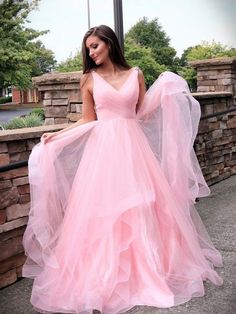 A-Line/Princess Tulle Ruched Sleeveless Sweep/Brush Train V-neck Dresses - Prom Dresses Pink Grad Dresses, Pink Tulle Prom Dress, Gaun Tulle, Pink Ball Gown, Prom Dresses Long Pink, Vestidos Color Rosa, Pink Evening Dress, V Neck Prom Dresses, A Line Prom Dresses