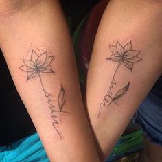 two people with matching tattoos on their legs that say i love you and have flowers