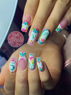 Fiesta Inspired Nails, Colombian Nail Designs, Fiesta Themed Nails, Fiesta Nail Art, All Different Nail Designs, Pinata Nails, Mexican Floral Nails, Fiesta Theme Nails Mexican, Spanish Nail Art