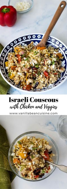 This easy Israeli couscous recipe combines pearl couscous with chopped cooked chicken, vegetables, and feta cheese tossed in a simple dijon vinaigrette. #30minmeals #israelicouscous #chicken #pasta #dinner #vanillabeancuisine Couscous With Chicken, Chicken Pasta Dinner, Pearl Couscous Recipes, Pearl Couscous Salad, Chicken Couscous, Couscous Recipe, Pearl Couscous, Dijon Vinaigrette, Chicken And Veggies