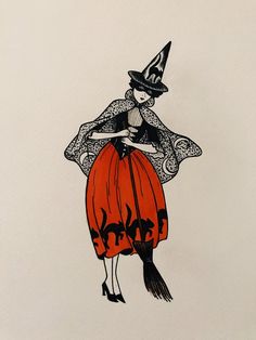 a drawing of a woman in a witch costume