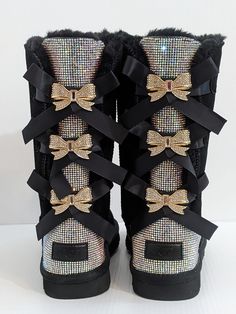 Custom Bling Rhinestones Genuine Sheepskin Boots UGG Czech Rhinestones Tall Ugg Boots With Bows, Bedazzled Shoes Diy, Juicy Couture Boots, Pearl Boots, Cute Uggs, Uggs With Bows, Tall Uggs, Pink Uggs, Pretty Shoes Sneakers