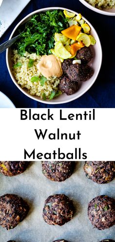 black lentil walnut meatballs are served in white bowls