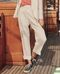 The Maker Trouser. -- Cream Pinstripe Relaxed Blazer, Jumpsuit And Blazer, City Shorts, Trouser Pants Women, The Maker, Rolled Hem, Womens Size Chart, Ulla Johnson, Cotton Poplin