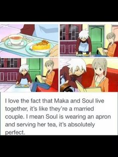 two people sitting at a table with food in front of them and the caption reads i love the fact that maka and soul live together, it's like they're married