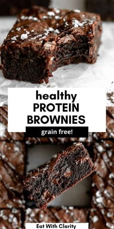 chocolate brownies cut in half and stacked on top of each other with text overlay that reads healthy protein brownies grain free