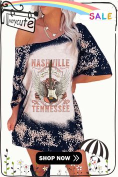 Black Nashville Tennessee Guitar Graphic Print Short Sleeve Tee Casual Fall Tops For Concert, Fall Concert Tops With Short Sleeves, Spring Concert Short Sleeve Tops, Short Sleeve Tops For Spring Concerts, Guitar Graphic, Nashville Music, Women's Outfits By Occasions, Tops Graphic, Top Graphic Tees