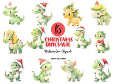 christmas dinosaur clipart with different styles and colors for commercial use, including watercolors