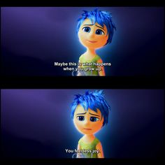 an animated cartoon character with blue hair and the words maybe this is which happens when you grow up