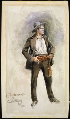 a painting of a man wearing a hat and holding his hands in his pockets while standing