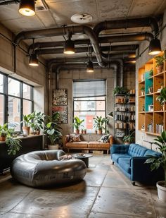 a living room with lots of plants and couches