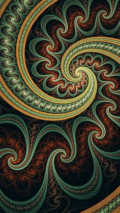 an abstract background with swirls and curves in green, orange and yellow colors on black