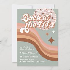 a birthday party card with the words rock to the 80's on it and a disco ball