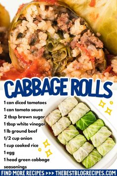 cabbage rolls with meat and vegetables in them on a white plate next to the recipe