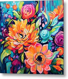 colorful flowers painted on canvas metal print