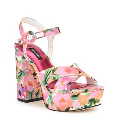 Vallen Strappy Platform Sandals in Pink Floral Summer Wedge Heel Block Heels With Heel Strap, Summer Sandals With 4-inch Block Heel, Strappy Sandals With 4-inch Heel For Summer, Spring Wedge Sandals With Stacked Block Heel, Spring High Heel Wedge Sandals With Stacked Heel, Spring Platform Wedge Heel Block Heels, Trendy Wedge Sandals With Wrapped Block Heel, Spring Wedge Heel Block Heels With Platform, Spring Wedge Sandals With Wrapped Block Heel