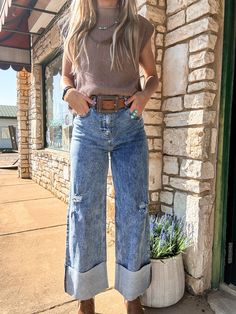 Wide leg style jeans with bottom cuff Stretchy material and keeps it's shape Super high waisted Inseam: 29" Rise: 11.5" 99% Cotton 1% Spandex Model is wearing a size 5 and is a size 4/6 or a size 28 and 5'8" Jeans With Cowgirl Boots, Wide Leg Jeans Outfit Country, Western Outfits With Wide Leg Jeans, Cowboy Boots With Wide Leg Jeans, Western Outfits Women Wide Leg Jeans, Fashion Women, Bohemian Fitted Wide Leg Jeans, Western Work Wear For Women, Western Wide Leg Jeans