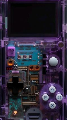 an electronic device with buttons and wires attached to the back side, all in purple plastic