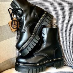 Free People Dr. Martens Audrick 8-Eye Boot Black Nappa Leather Platform Soft Leather * Soft Wair Insole New With Box * Size: 41 / W's 9 Retail Price: $200.00 1.75" Rubber Platform * 2.25" Heel * 7" Shaft Platform Doc Martens Boots, Black Leather-lined Platform Boots For Fall, Black Leather Platform Boots For Streetwear, Classic Black Platform Boots With Rubber Sole, Dr Marten Platform Boots, Black Leather Platform Boots With Lug Sole, Black Leather Streetwear Platform Boots, Faux Leather Lace-up Martin Boots With Platform, Leather Lace-up Platform Martin Boots