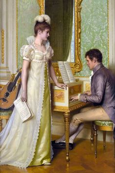 a painting of a man and woman playing the piano