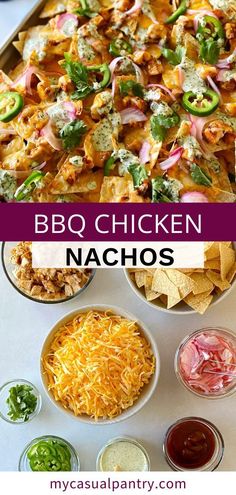 bbq chicken nachos with cheese, onions and jalapenos on the side