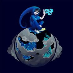 a person sitting on top of a blue and black globe with clouds in the background