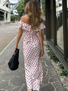 Tavimart Women's 2023 Summer Polka Dot Printed A-Line Dress Sexy one word neckline dresses Ruffled Vintage Dresses Home Party Dresses y2k Dresses Y2k, Womens Pleated Skirt, Dot Print Dress, Womens Prom Dresses, Dress Home, Necklines For Dresses, Home Party, Sleepwear Robe, One Word