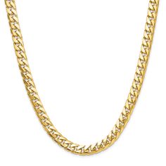 Make a classic statement with this fashionable 14k yellow gold chain necklace featuring Miami Cuban links. Necklace is solid in construction and measures 8mm in width. Luxury Yellow Gold Figaro Chain Necklace, Luxury Yellow Gold Chain Necklace With Diamond Cut, Classic Cuban Link Necklace With Round Solid Links, Classic Round Cuban Link Necklace, Elegant Cuban Link Necklace With Solid Construction For Formal, Miami Cuban Link, Miami Cuban, In Construction, Yellow Gold Chain