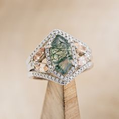 "ZIA" - BRIDAL SUITE - HEXAGON MOSS AGATE ENGAGEMENT RING WITH SUNSTON – Staghead Designs Dream Rings, Oregon Sunstone, Moss Agate Engagement Ring, Staghead Designs, Agate Engagement Ring, Dream Man, Moss Agate Ring, Dream Engagement, Detailed Ring