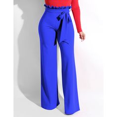 Royal Blue Ruffle Hem Straight Leg Casual Pants Chic Blue Wide Leg Pants For Party, Blue Ruffled Bottoms For Party, Elegant Ruffled Blue Bottoms, Elegant Blue Ruffled Bottoms, Casual Blue Wide Leg Pants For Party, Blue Wide Leg Pants For Party, Chic Blue Non-stretch Pants, Blue Wide-leg Party Pants, Spring Blue Ruffled Pants