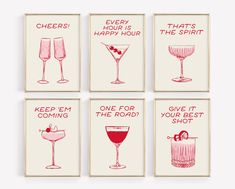 four cards with different types of cocktails and the words,'every hour is happy hour