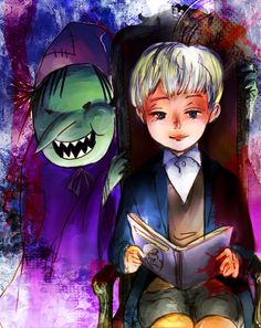 a young boy sitting in a chair next to an evil creature and another person reading a book