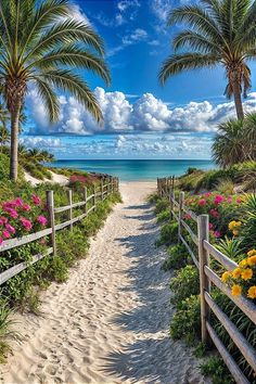 a pathway leading to the beach with palm trees and flowers on either side, surrounded by pink and yellow flowers