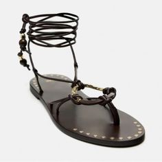 Zara New Woman S24 Flat Leather Sandals With Decorative Detail Flat Leather Lace-up Sandals For Vacation, Zara Flat Leather Sandals, Zara Ankle Strap Sandals For Vacation, Adjustable Leather Sandals By Zara, Zara Ankle Strap Sandals For Beach, Zara Leather Sandals With Single Toe Strap, Zara Brown Leather Sandals, Zara New, Leather Sandals Flat