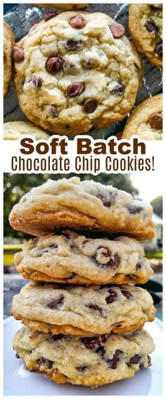 chocolate chip cookies stacked on top of each other with the words soft batch above them